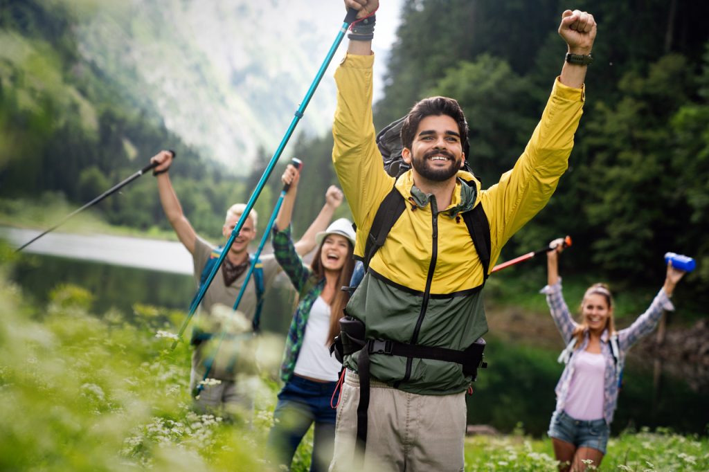 A group of friends having an outdoor adventure experience.